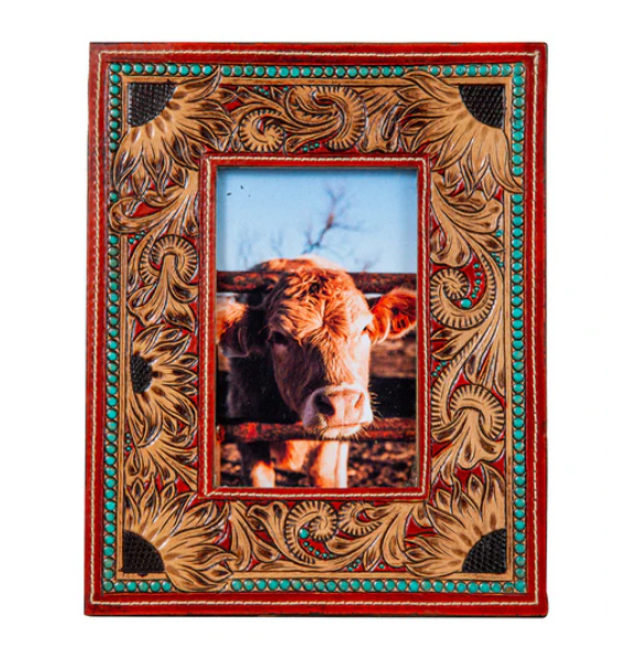 Hand-Tooled Photo Frame with Sunflowers by Myra Bags
